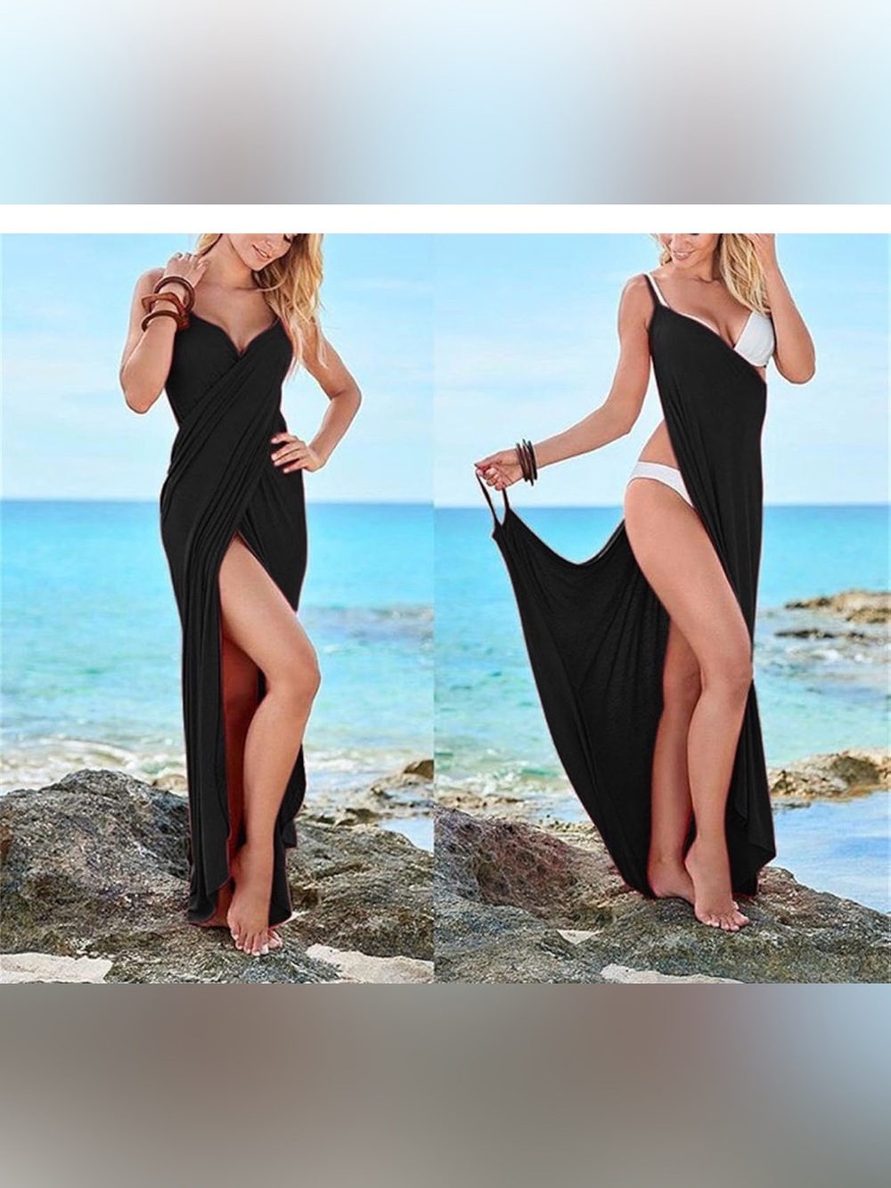 Black Wrap Maxi Swim Coverup with High Side Slit